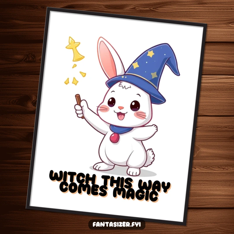 Funny Free Printable Wall Art: Triumphant rabbit wizard wearing a hat casting a powerful spell with glee.