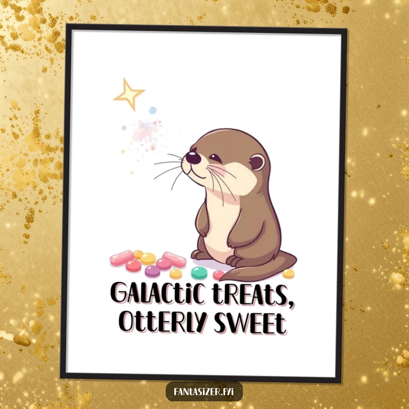 Funny free printable wall art of a curious otter gazing into a sparkling galaxy made of tiny, glowing candies, a captivating scene.