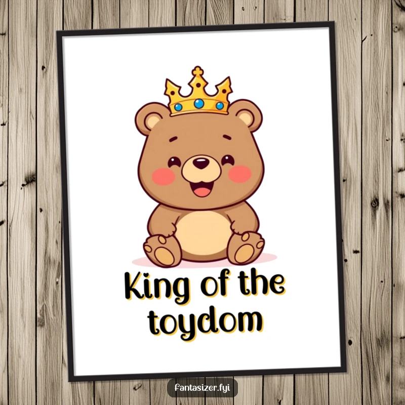 Funny Free Printable Wall Art: A bear king sits on a toy throne, wearing a crown, ruling his miniature kingdom with a goofy grin.