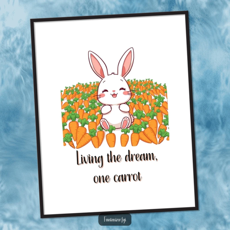 Funny Free Printable Wall Art: Joyful rabbit looking ecstatic in a dreamscape of abundant, delicious carrots.
