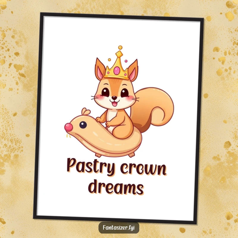 Funny Free Printable Wall Art: Happy squirrel in a whimsical crown riding a majestic, flying pastry, adding playful grandeur.