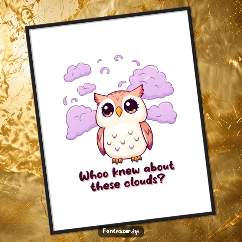 Funny Free Printable Wall Art: Cute owl with wide eyes looks up at a sky filled with swirling purple clouds, whimsical wall art.
