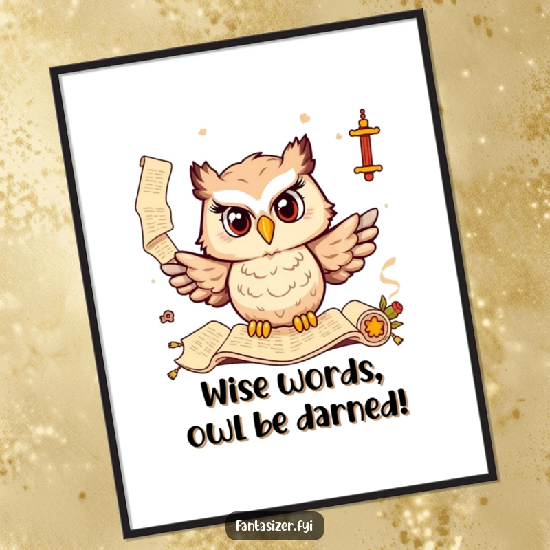 Funny Free Printable Wall Art of a delighted owl with glasses, gazing thoughtfully at ancient, glowing scrolls.