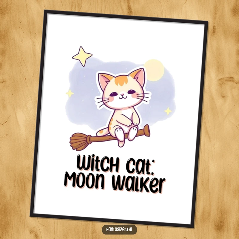Funny Free Printable Wall Art: A black cat wearing a witch hat rides a broomstick across a starry night sky, casting a whimsical spell.