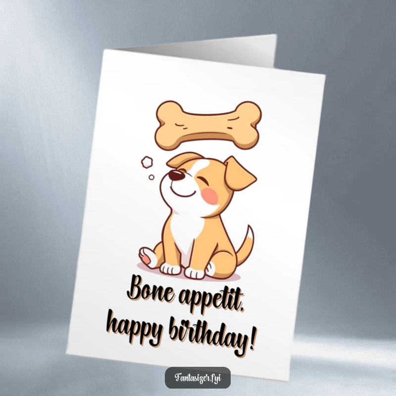 Funny Free Printable Birthday Card: A happy dog asleep, dreaming of a massive floating bone, celebrating their birthday bliss.