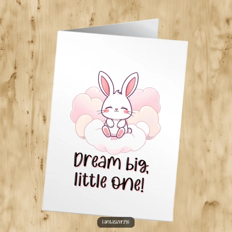 Funny Free Printable Birthday Card: Cute bunny with eyes closed imagines floating amongst giant, candy-colored clouds, bringing sweet dreams.