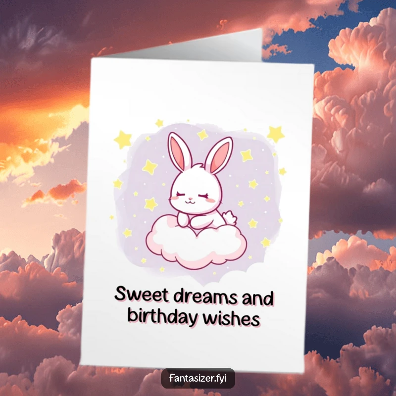 Funny Free Printable Birthday Card featuring a rabbit dreaming on a cloud surrounded by stars, perfect for a gentle, whimsical wish.