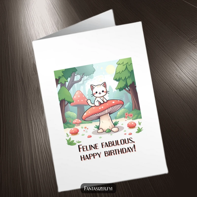 Funny Free Printable Birthday Card featuring a playful cat riding a giant mushroom through a fantasy forest, perfect for a fun celebration.