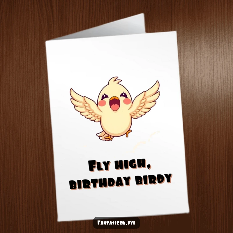 Funny Free Printable Birthday Card: Excited bird joyfully soaring high above the clouds.