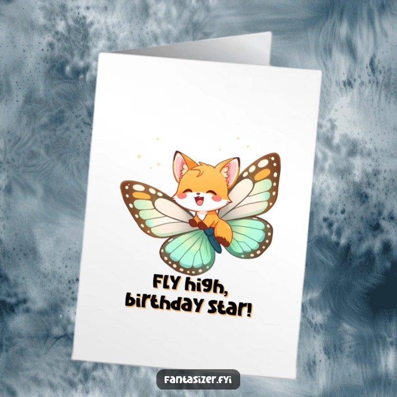 Funny Free Printable Birthday Card: Joyful fox cub with wings spread, joyfully imagining flying on the back of a giant butterfly.