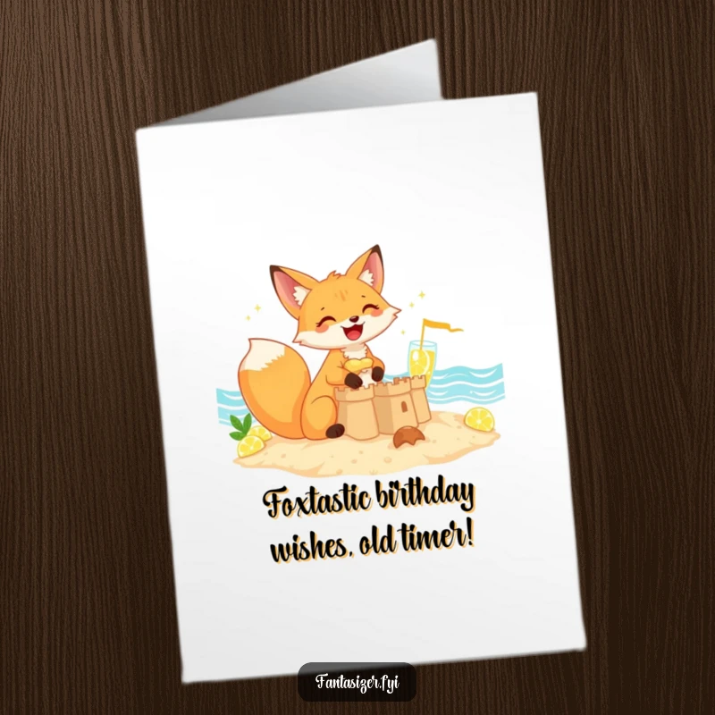 Funny Free Printable Birthday Card: Giggling fox joyfully builds sandcastle by sparkling lemonade sea.