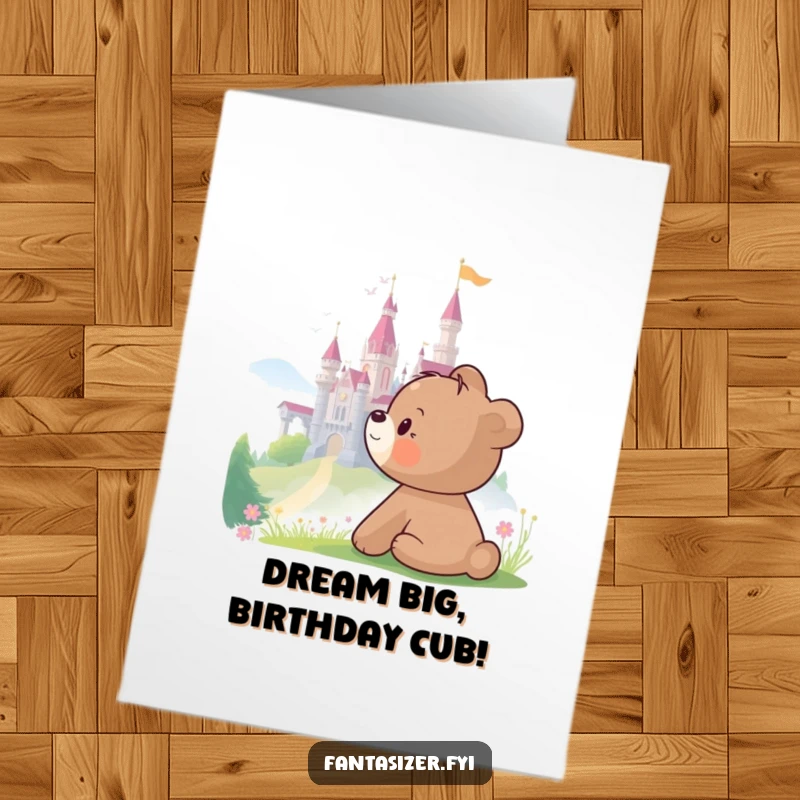 Funny Free Printable Birthday Card: A happy bear cub dreams of a faraway fantasy castle, perfect for a wishful birthday greeting.