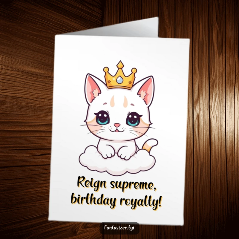 Funny Free Printable Birthday Card: Cat in crown rules cloud kingdom, imagining majestic and whimsical birthday celebrations.