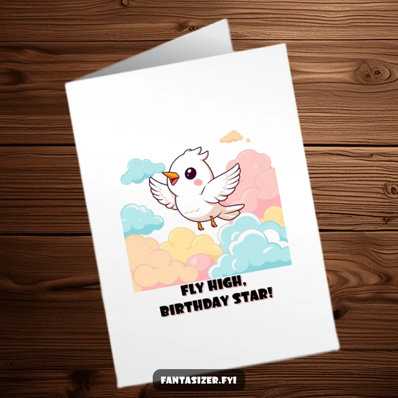Funny free printable birthday card featuring a delighted bird joyfully soaring amidst vibrant, fluffy clouds, spreading cheer.
