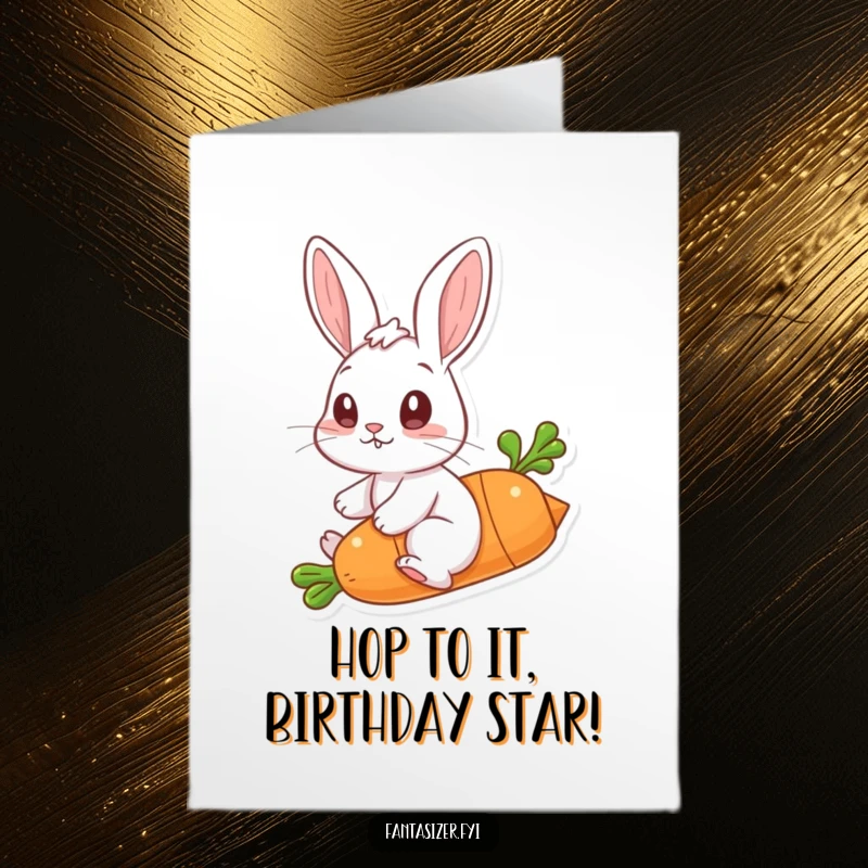 Funny Free Printable Birthday Card: A wide-eyed rabbit comically rides a flying carrot like a rocket ship.