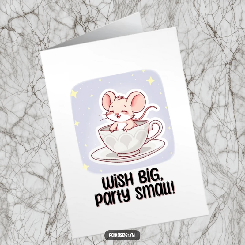 Funny Free Printable Birthday Card: A tiny mouse giggling wildly while steering a teacup through a dazzling starry night sky.