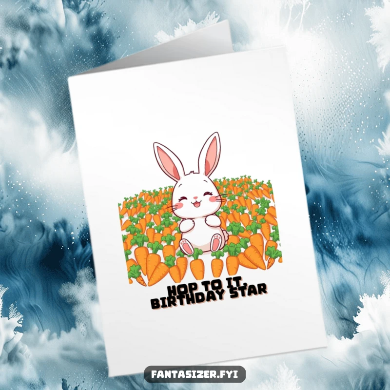 Funny Free Printable Birthday Card: Joyful rabbit happily dreaming of a field full of endless carrots.
