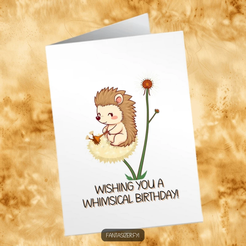 Funny free printable birthday card featuring a whimsical hedgehog bravely riding a giant dandelion seed on a gentle breeze.