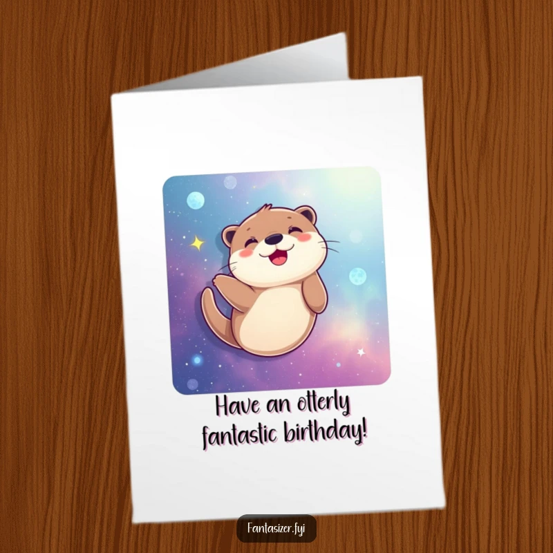 Funny Free Printable Birthday Card: A joyful otter happily swims through a colorful, swirling galaxy.