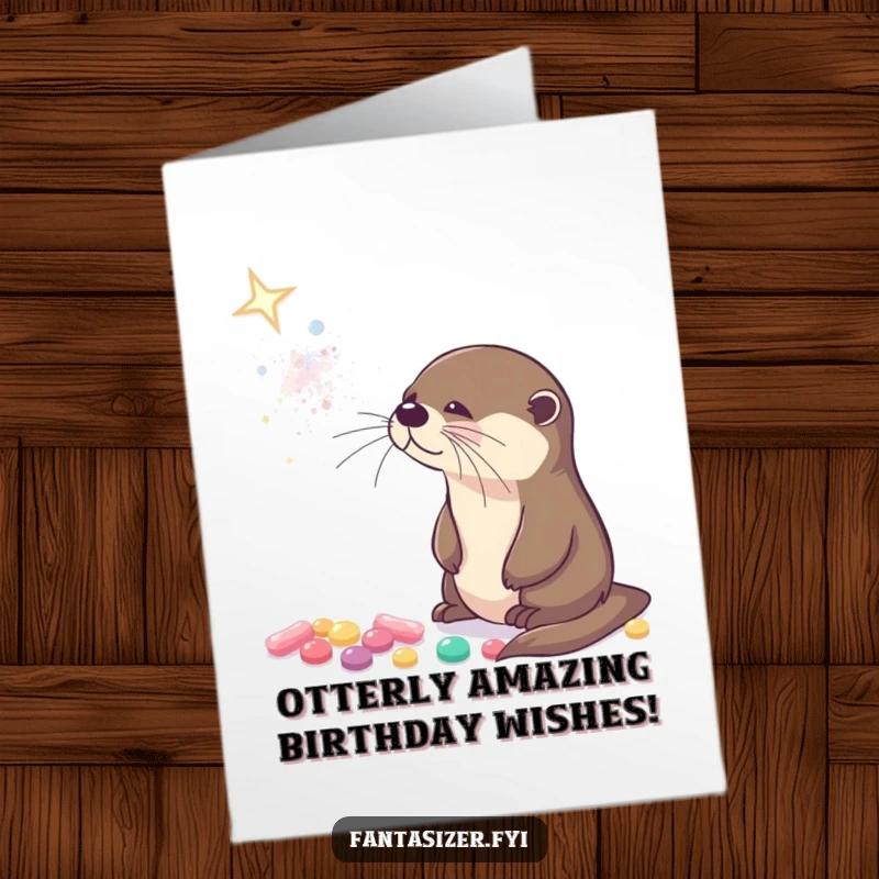 Funny free printable birthday card with a curious otter gazing at a sparkling candy galaxy, celebrating a sweet, cosmic occasion.