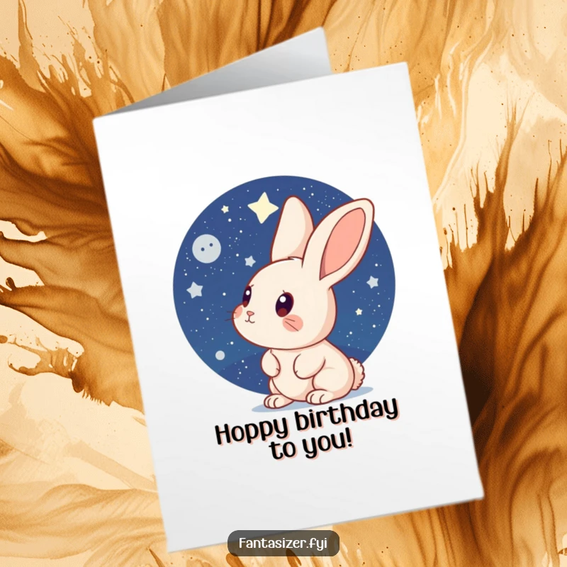 Funny Free Printable Birthday Card: A curious rabbit looks up in awe at a vast, beautiful starry night sky.
