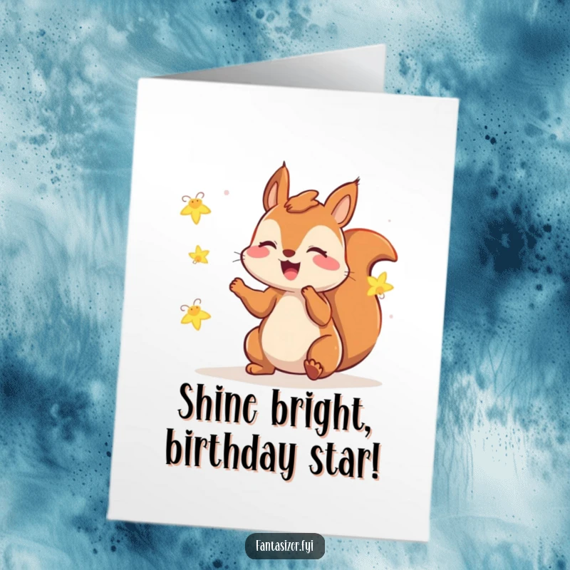 Funny Free Printable Birthday Card: Gleeful squirrel plays with fireflies, magical night scene, perfect downloadable gift.