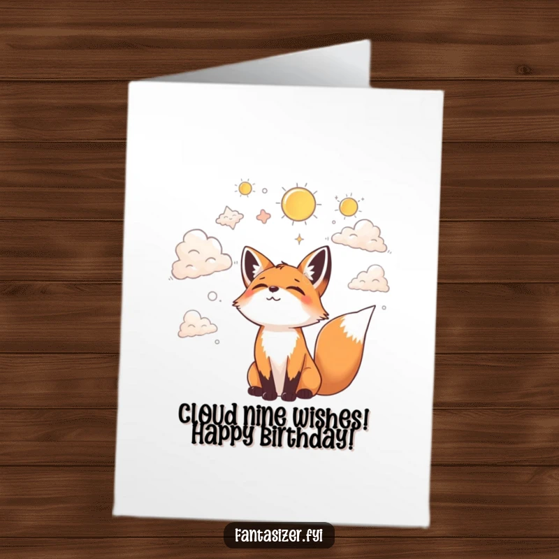 Funny Free Printable Birthday Card featuring a joyful fox staring at clouds and seeing fantastical shapes, like dragons and castles.
