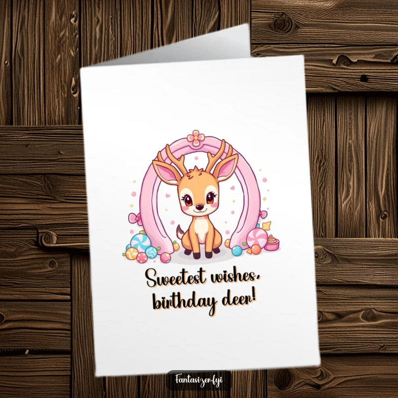Funny Free Printable Birthday Card: Deer beams at a candy world portal, wishing a sweet birthday.