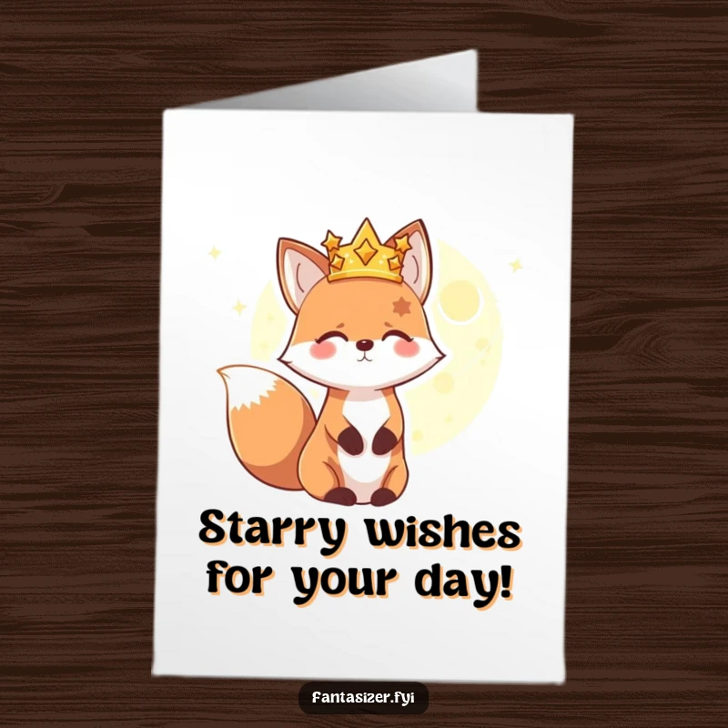 Funny Free Printable Birthday Card: Happy fox wearing a crown of stars gazes at a distant glowing planet, a cosmic birthday wish.