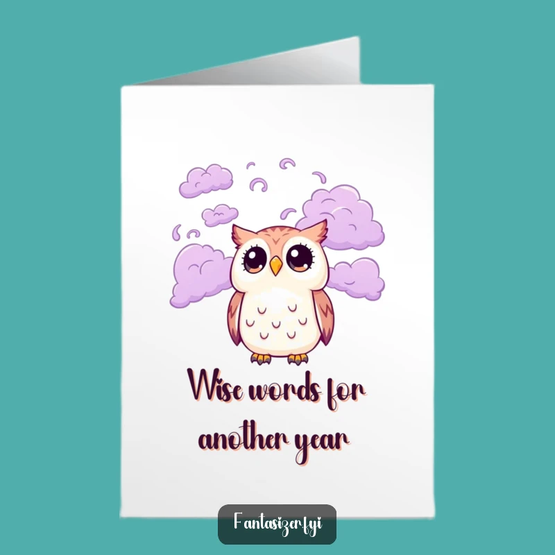 Free Printable Funny Birthday Card: Wide-Eyed Owl & Purple Clouds, Humorous Downloadable Gift