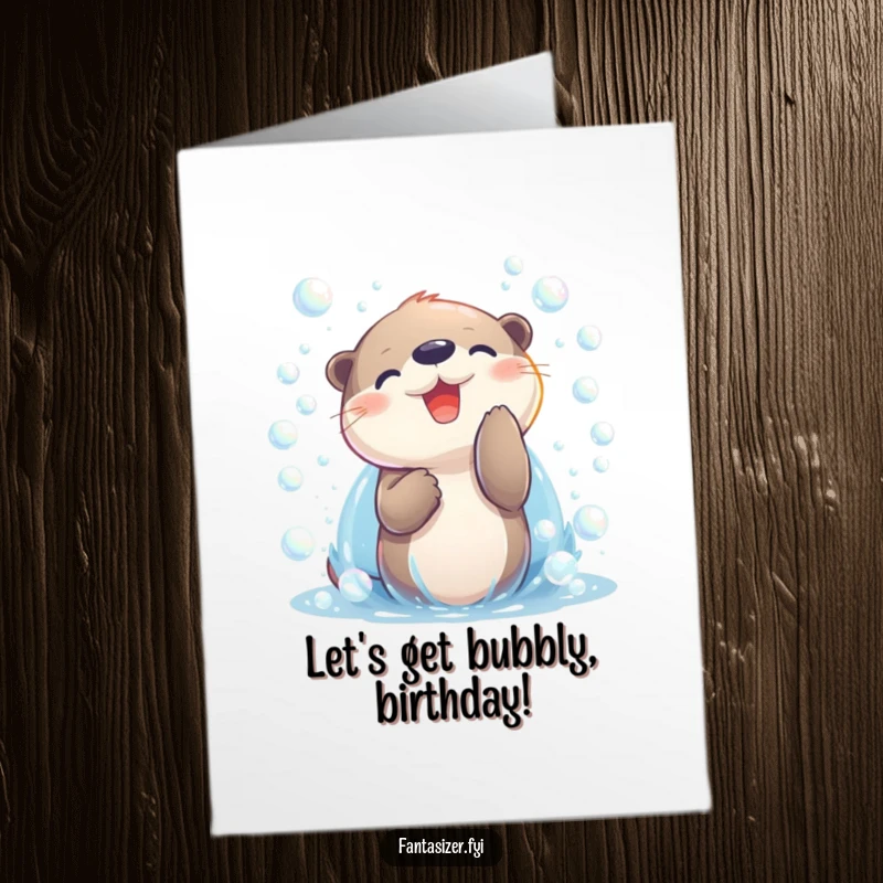 Funny Free Printable Birthday Card: Joyful otter character gleefully playing amidst a cascade of iridescent bubbles.