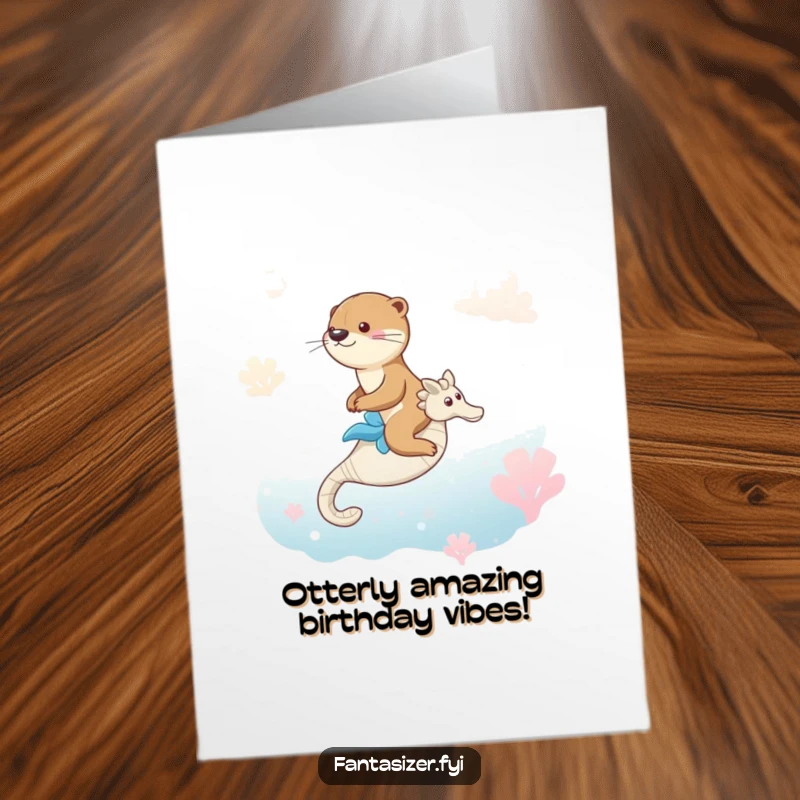 Funny Free Printable Birthday Card: Playful otter riding seahorse through a dreamlike ocean, celebrating joyfully.