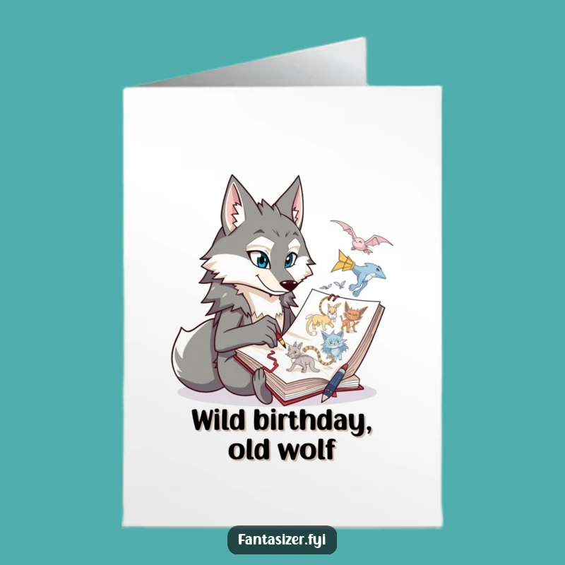 Free Printable Funny Wolf Birthday Card: Fantasy Sketching, Creative Downloadable Gift