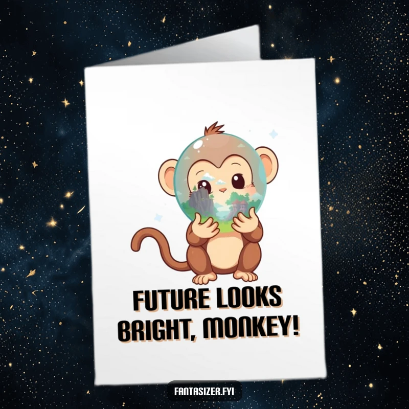 Funny Free Printable Birthday Card: Curious monkey gazing into a crystal ball showing a fantasy world.