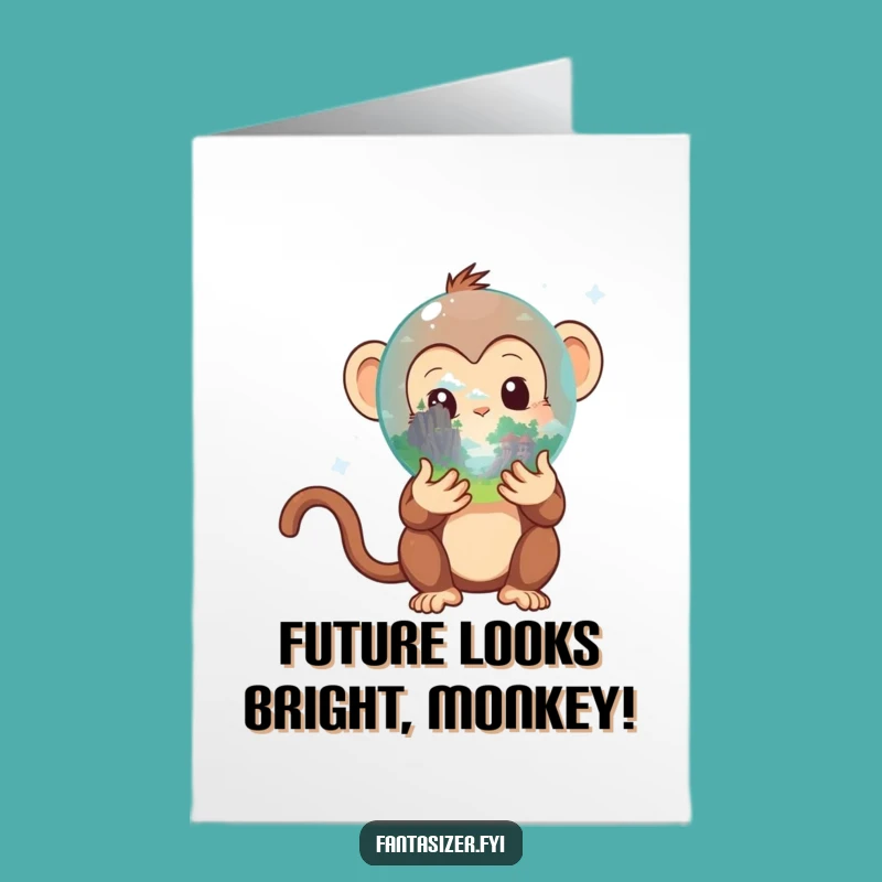 Free Printable Monkey Crystal Ball Funny Birthday Card: Magical Downloadable Gift