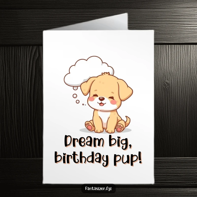 Funny Free Printable Birthday Card: Playful puppy with eyes closed, happily daydreaming with a fluffy cloud shaped exactly like a favorite toy.