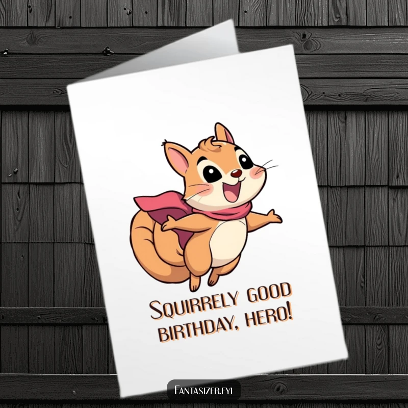 Funny Free Printable Squirrel Birthday Card: An excited squirrel in a cape flies heroically, a super downloadable gift.