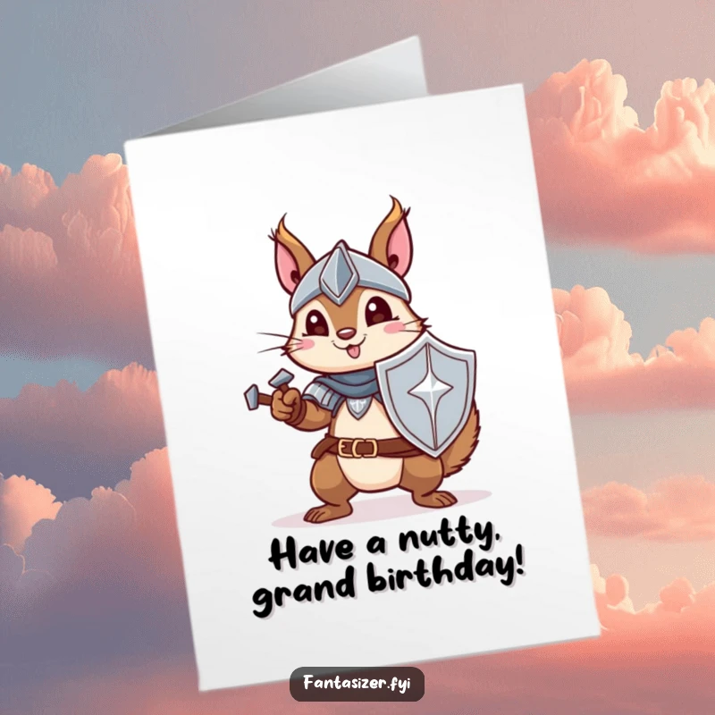 Funny Free Printable Birthday Card: A playful squirrel in shining armor with a shield and sword, ready to defend the birthday cake.