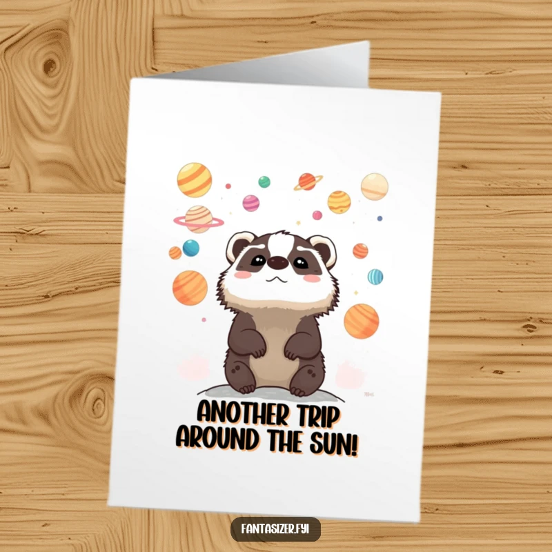 Funny Free Printable Birthday Card featuring a whimsical badger gazing at colorful planets, perfect for a space-themed celebration.
