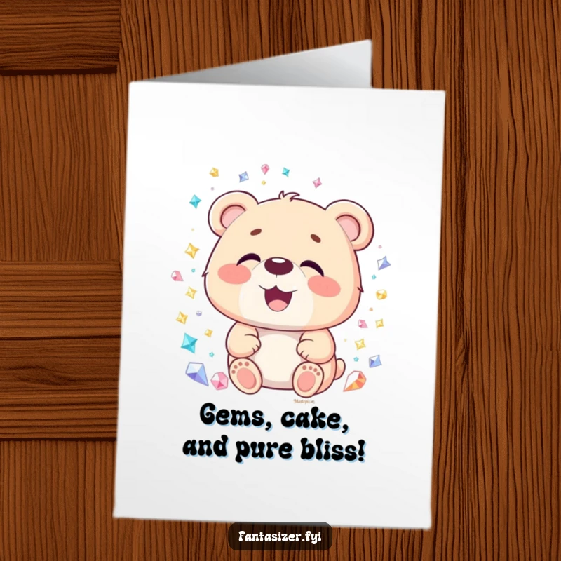 Funny Free Printable Birthday Card: Delighted bear with mouth open, amazed by a world of sparkling gemstones.