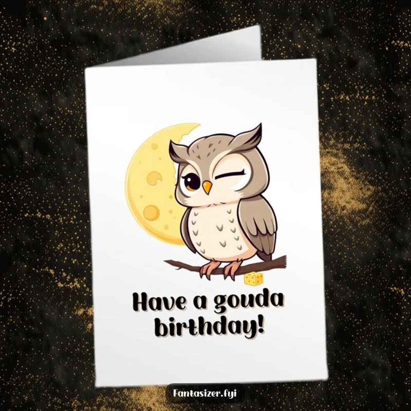 Funny Free Printable Birthday Card: A winking owl with a sly grin observing a moon made entirely of cheese.