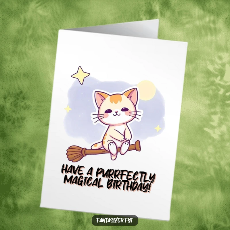 Funny Free Printable Birthday Card: A beaming cat in a witch hat rides a broomstick through a starry night sky, celebrating your big day.