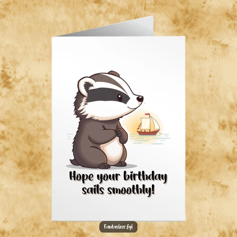 Funny Free Printable Birthday Card: A pensive badger gazing at a distant sailboat disappearing into a warm, colorful sunset.