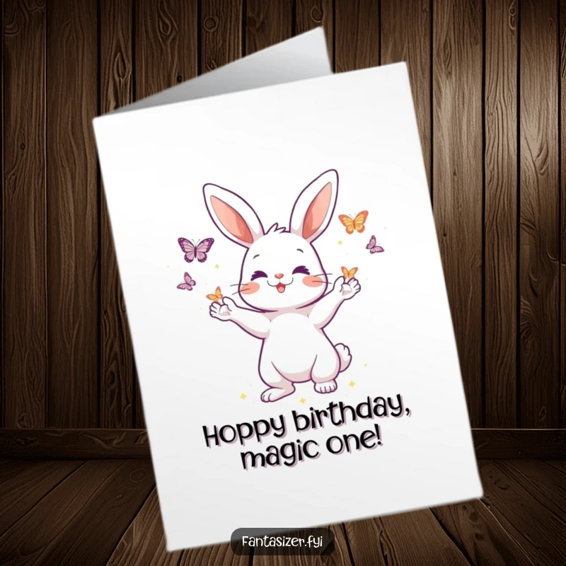Funny Free Printable Birthday Card: Playful rabbit conjures shimmering butterflies from its outstretched paws, a magical birthday surprise.