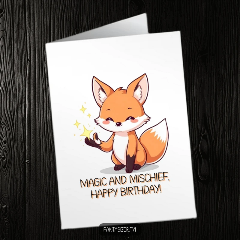Funny Free Printable Birthday Card featuring a creative fox conjuring sparkling magic, perfect for a wish-filled celebration.