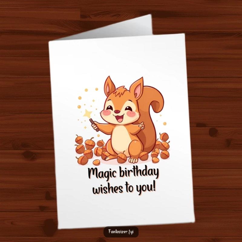 Funny Free Printable Birthday Card: A joyous squirrel uses a magic wand to conjure sparkling acorns, celebrating a magical birthday.