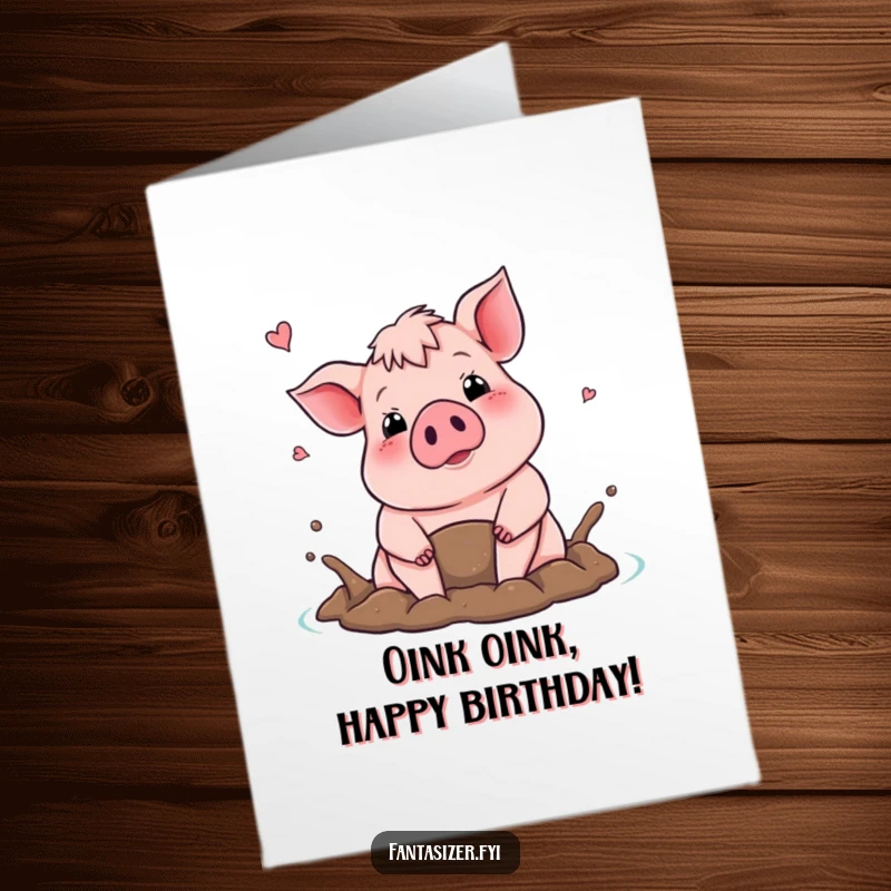 Funny Free Printable Birthday Card of a very proud pig joyfully imagining itself in a luxurious mud bath.