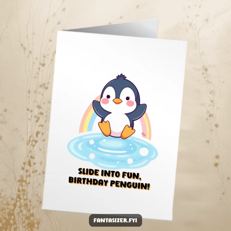 Funny Free Printable Birthday Card: Penguin joyfully slides down a rainbow into sparkling water.