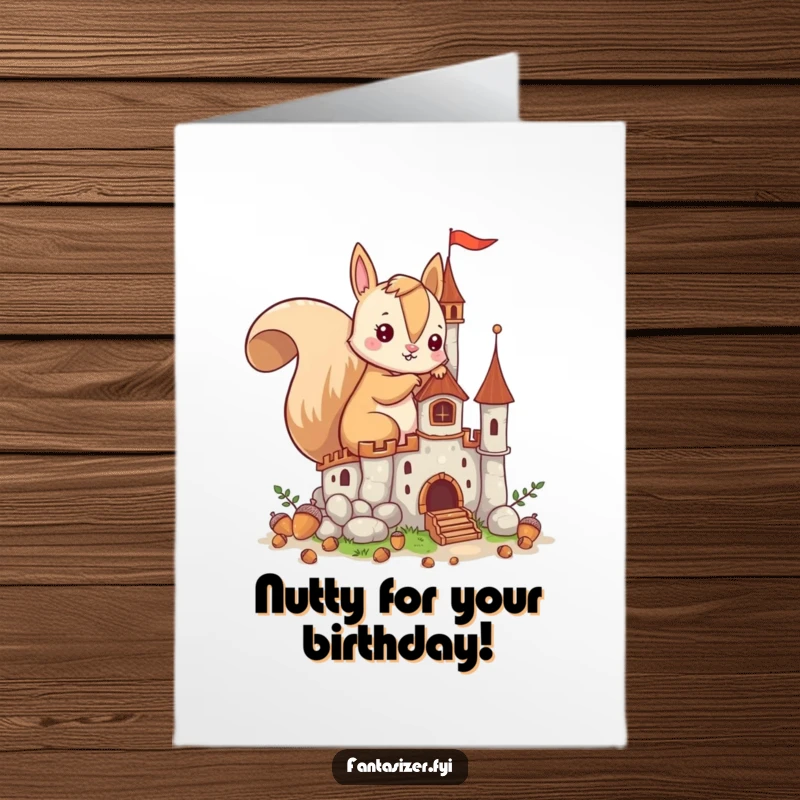 Funny Free Printable Birthday Card featuring an imaginative squirrel building a fantastical castle from acorns, perfect for a creative celebration.