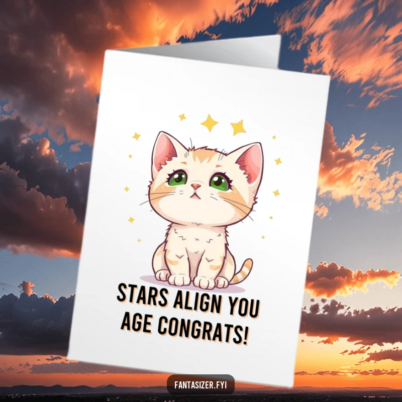 Funny Free Printable Kitten Birthday Card: A curious kitten gazes at starry skies, perfect for cat lovers' downloadable joy.